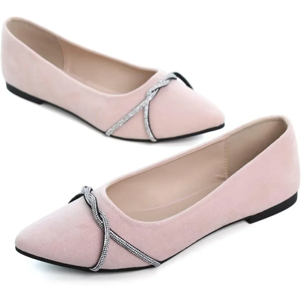 Women's Light Pink Casual Flats Fashion Chain Pointed Toe Ballet Flat Rhinestone